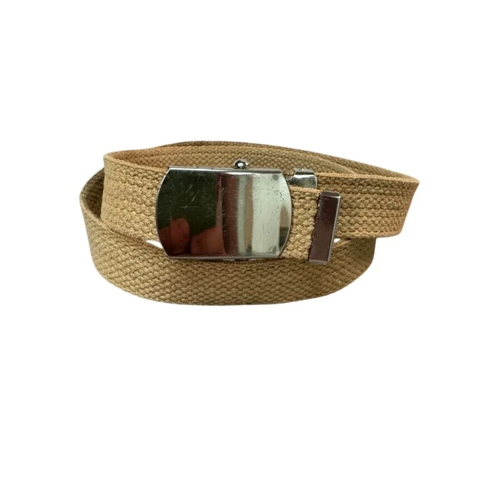 Tan Khaki Canvas Web Belt Silver Flip Top Buckle Military Style Adjustable 37in